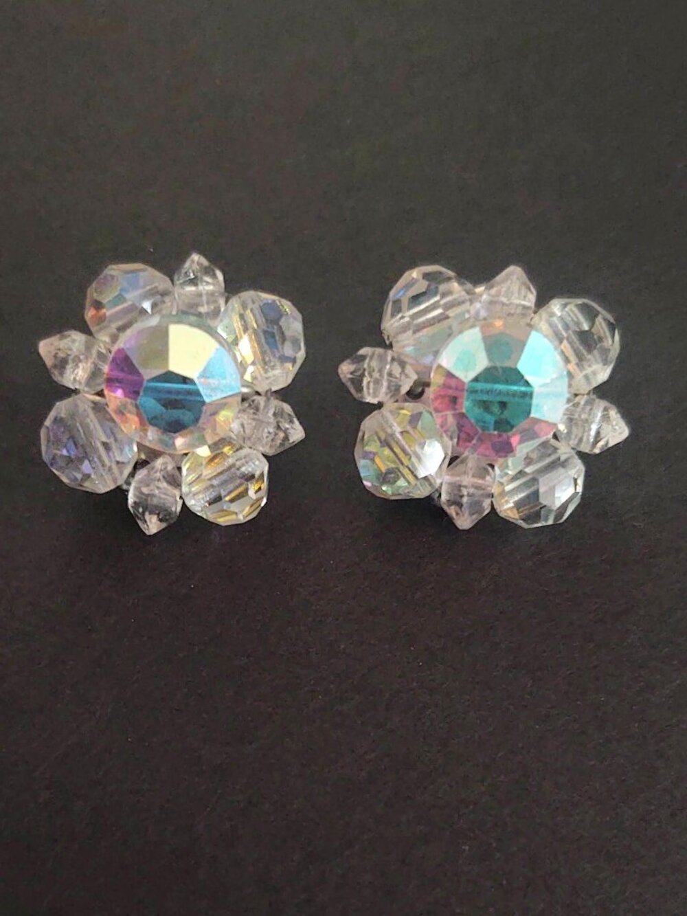 Vintage crystal and aurora borealis clip on earrings
